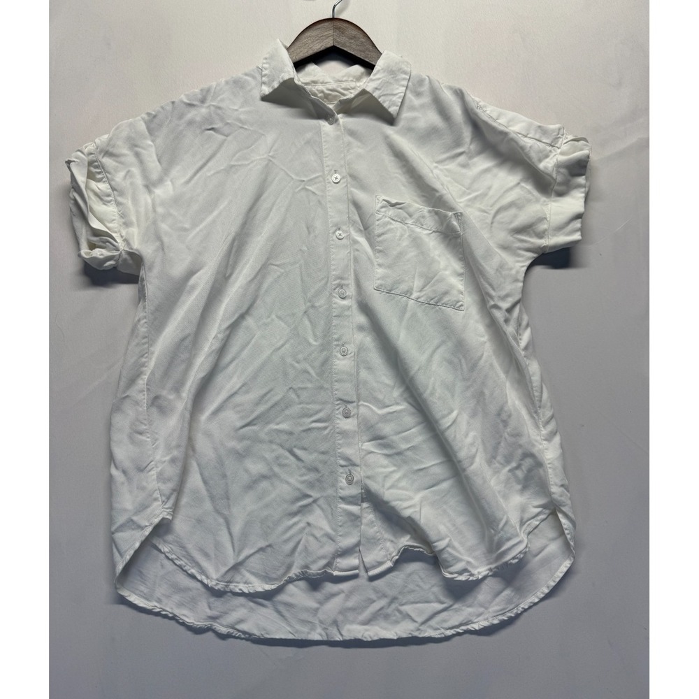 Loft Shirt Women Medium White Rayon Pleated High Low Hem Cuffed Sleeve Button Up